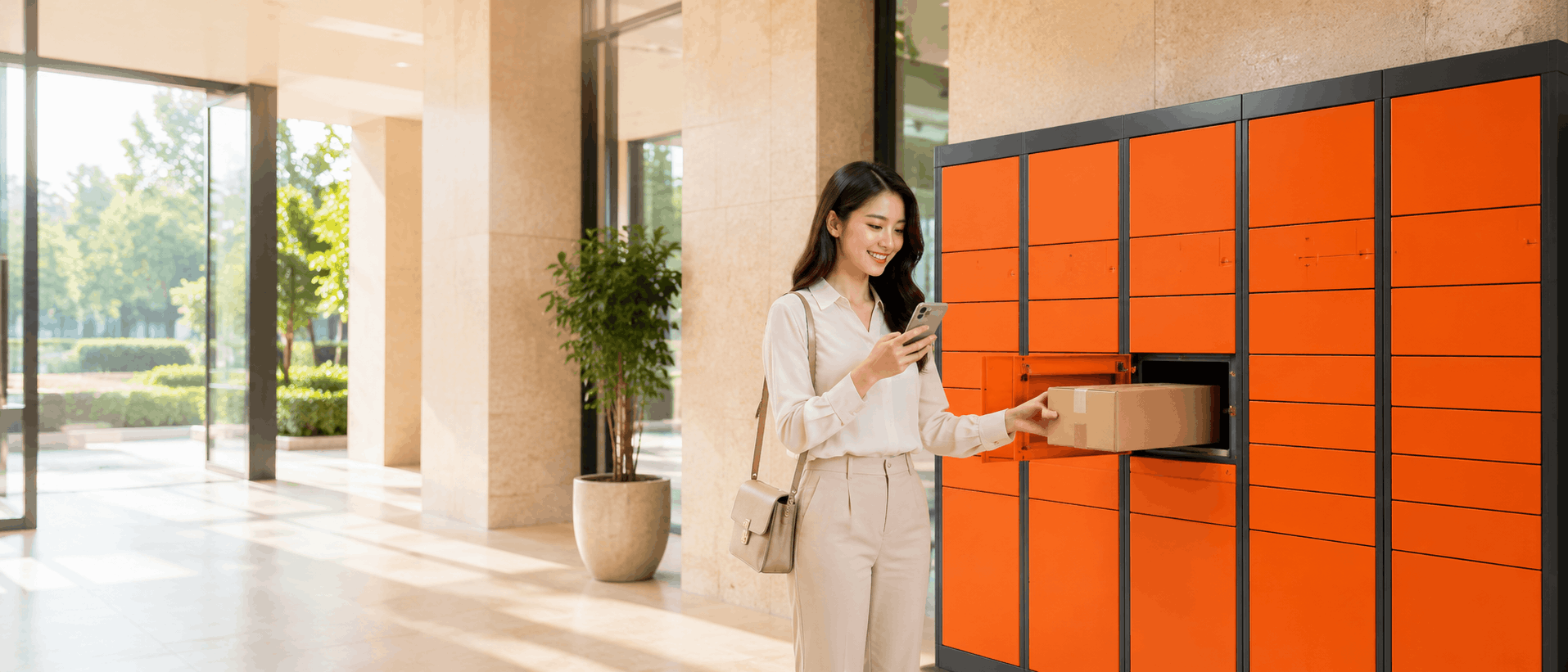 Woman collecting a parcel from a Boxbox Locker.